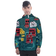 Seamless-pattern-hand-drawn-with-vehicles-buildings-road Men s Front Pocket Pullover Windbreaker