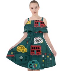 Seamless-pattern-hand-drawn-with-vehicles-buildings-road Cut Out Shoulders Chiffon Dress by Salman4z