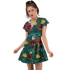 Seamless-pattern-hand-drawn-with-vehicles-buildings-road Flutter Sleeve Wrap Dress by Salman4z