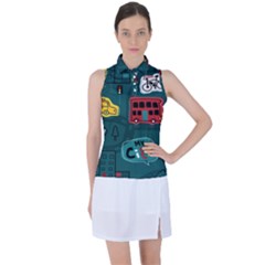 Seamless-pattern-hand-drawn-with-vehicles-buildings-road Women s Sleeveless Polo Tee by Salman4z