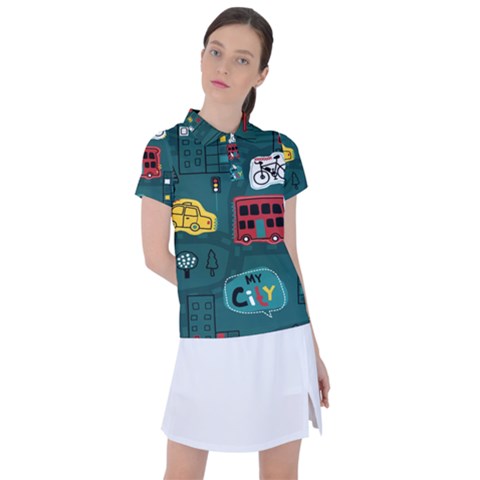 Seamless-pattern-hand-drawn-with-vehicles-buildings-road Women s Polo Tee by Salman4z