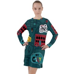 Seamless-pattern-hand-drawn-with-vehicles-buildings-road Long Sleeve Hoodie Dress