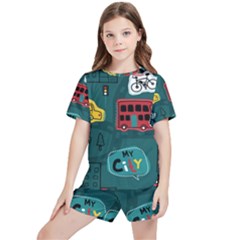 Seamless-pattern-hand-drawn-with-vehicles-buildings-road Kids  Tee And Sports Shorts Set by Salman4z