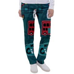 Seamless-pattern-hand-drawn-with-vehicles-buildings-road Women s Casual Pants by Salman4z