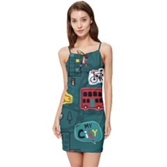 Seamless-pattern-hand-drawn-with-vehicles-buildings-road Summer Tie Front Dress by Salman4z