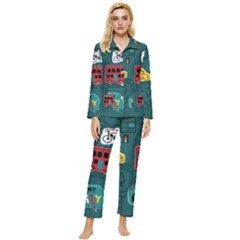 Seamless-pattern-hand-drawn-with-vehicles-buildings-road Womens  Long Sleeve Velvet Pocket Pajamas Set by Salman4z