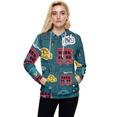 Seamless-pattern-hand-drawn-with-vehicles-buildings-road Women s Lightweight Drawstring Hoodie