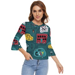 Seamless-pattern-hand-drawn-with-vehicles-buildings-road Bell Sleeve Top