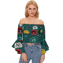 Seamless-pattern-hand-drawn-with-vehicles-buildings-road Off Shoulder Flutter Bell Sleeve Top