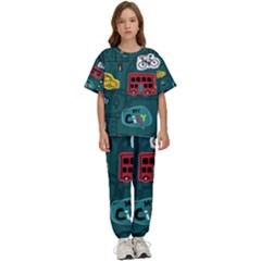 Seamless-pattern-hand-drawn-with-vehicles-buildings-road Kids  Tee And Pants Sports Set by Salman4z