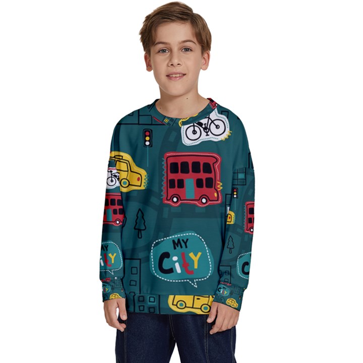 Seamless-pattern-hand-drawn-with-vehicles-buildings-road Kids  Long Sleeve Jersey