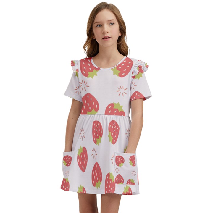 Strawberries-pattern-design Kids  Frilly Sleeves Pocket Dress