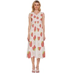 Strawberries-pattern-design V-neck Drawstring Shoulder Sleeveless Maxi Dress