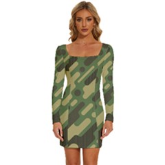 Camouflage-pattern-background Long Sleeve Square Neck Bodycon Velvet Dress by Salman4z