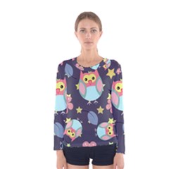 Owl-stars-pattern-background Women s Long Sleeve Tee