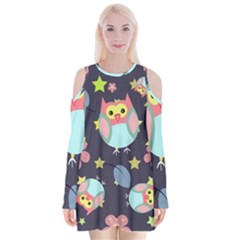 Owl-stars-pattern-background Velvet Long Sleeve Shoulder Cutout Dress