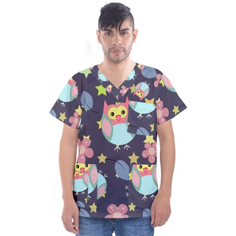 Owl-stars-pattern-background Men s V-neck Scrub Top by Salman4z