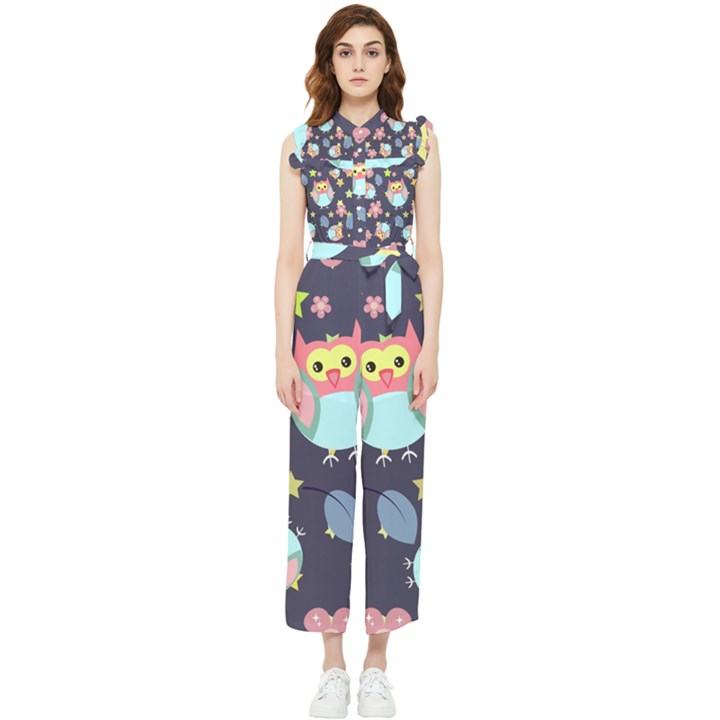 Owl-stars-pattern-background Women s Frill Top Chiffon Jumpsuit