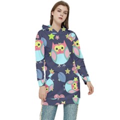 Owl-stars-pattern-background Women s Long Oversized Pullover Hoodie