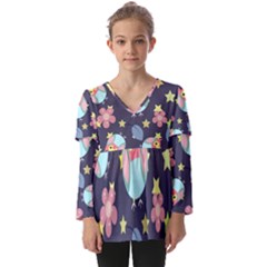 Owl-stars-pattern-background Kids  V Neck Casual Top