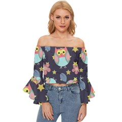 Owl-stars-pattern-background Off Shoulder Flutter Bell Sleeve Top