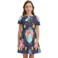 Owl-stars-pattern-background Kids  Bow Tie Puff Sleeve Dress by Salman4z