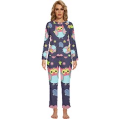 Owl-stars-pattern-background Womens  Long Sleeve Lightweight Pajamas Set by Salman4z