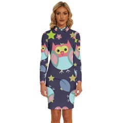 Owl-stars-pattern-background Long Sleeve Shirt Collar Bodycon Dress by Salman4z