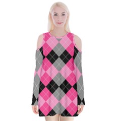 Seamless-argyle-pattern Velvet Long Sleeve Shoulder Cutout Dress