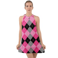 Seamless-argyle-pattern Halter Tie Back Chiffon Dress by Salman4z