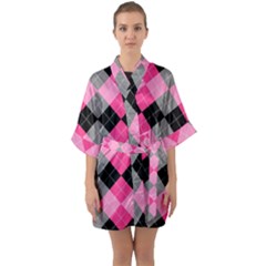 Seamless-argyle-pattern Half Sleeve Satin Kimono  by Salman4z