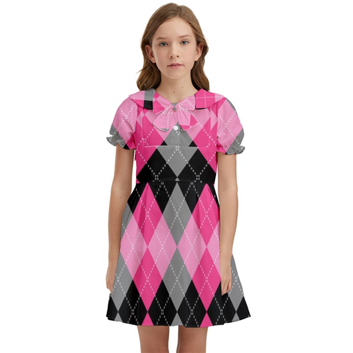 Seamless-argyle-pattern Kids  Bow Tie Puff Sleeve Dress