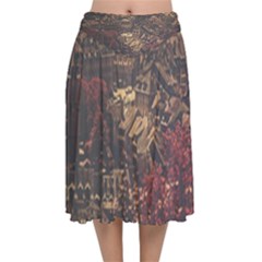 Vintage Cityscape City Retro Old Velvet Flared Midi Skirt