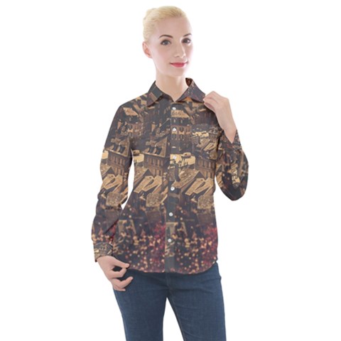 Vintage Cityscape City Retro Old Women s Long Sleeve Pocket Shirt by Salman4z