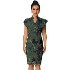 Military Background Grunge Vintage Frill Sleeve V-neck Bodycon Dress by pakminggu