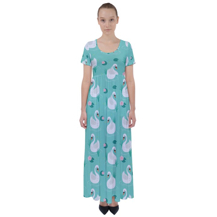 Elegant Swan Seamless Pattern High Waist Short Sleeve Maxi Dress