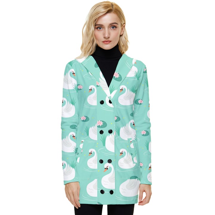 Elegant Swan Seamless Pattern Button Up Hooded Coat 