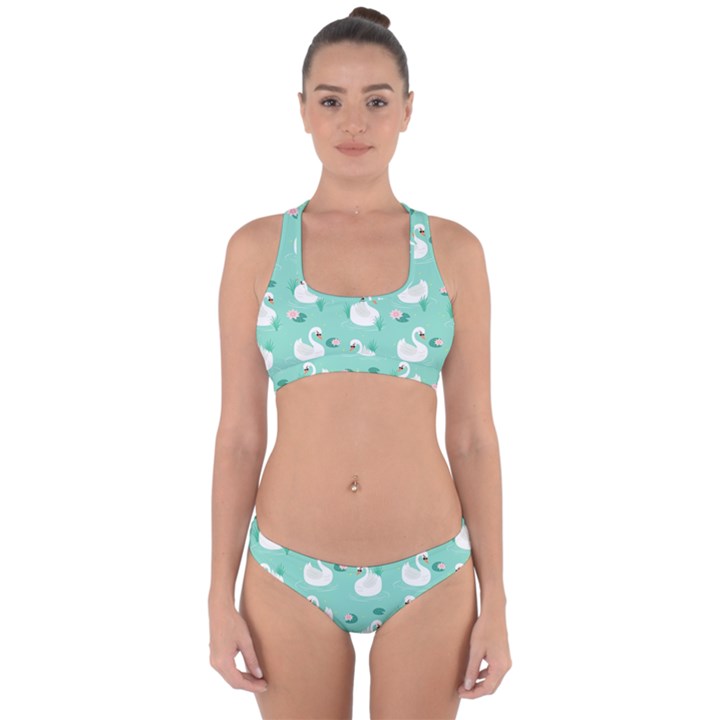 Elegant Swan Seamless Pattern Cross Back Hipster Bikini Set