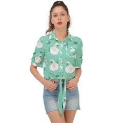 Elegant Swan Seamless Pattern Tie Front Shirt  by pakminggu