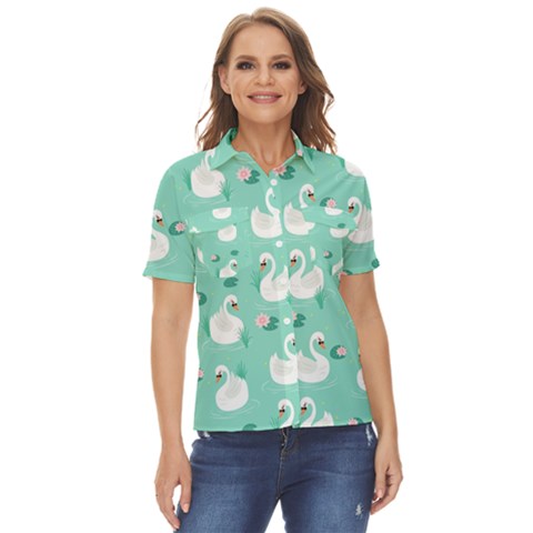 Elegant Swan Seamless Pattern Women s Short Sleeve Double Pocket Shirt by pakminggu