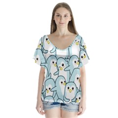 Penguins Pattern V-neck Flutter Sleeve Top by pakminggu