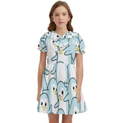 Penguins Pattern Kids  Bow Tie Puff Sleeve Dress