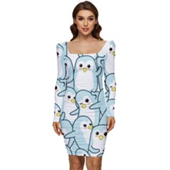 Penguins Pattern Women Long Sleeve Ruched Stretch Jersey Dress by pakminggu