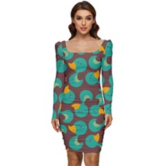 Vector Illustration Seamless Pattern With Cartoon Duck Women Long Sleeve Ruched Stretch Jersey Dress by pakminggu