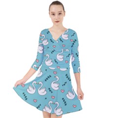 Elegant Swan Pattern Design Quarter Sleeve Front Wrap Dress by pakminggu