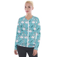 Elegant Swan Pattern Design Velvet Zip Up Jacket by pakminggu