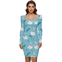 Elegant Swan Pattern Design Women Long Sleeve Ruched Stretch Jersey Dress by pakminggu