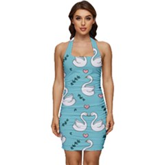 Elegant Swan Pattern Design Sleeveless Wide Square Neckline Ruched Bodycon Dress by pakminggu