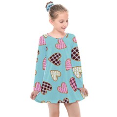 Seamless Pattern With Heart Shaped Cookies With Sugar Icing Kids  Long Sleeve Dress by pakminggu