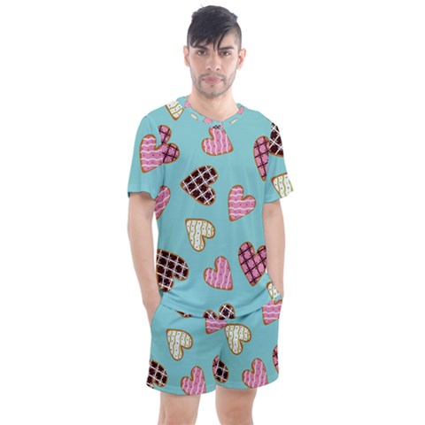 Seamless Pattern With Heart Shaped Cookies With Sugar Icing Men s Mesh Tee And Shorts Set by pakminggu